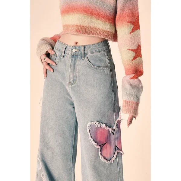 Winter Thickened Butterfly Burr Jeans Women'S Autumn And Winter Design Sense High Waist Narrow Version Wide Leg Straight Pants - Image 3