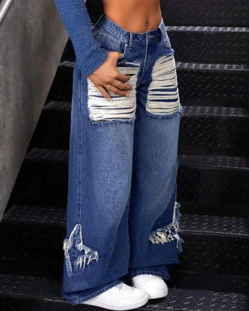 Blue Jeans Women'S Autumn And Winter Star Sticker Fringed Rough Edge Large Size Loose Straight Casual Wide Legs Long 20 Kf Sfa222B60048D419294Ea9C20C90732F41