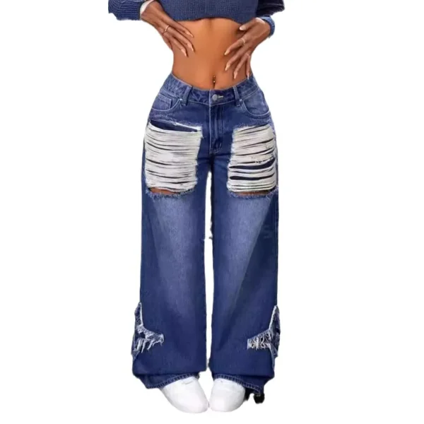 Blue Jeans Women'S Autumn And Winter Star Sticker Fringed Rough Edge Large Size Loose Straight Casual Wide Legs Long - Image 5