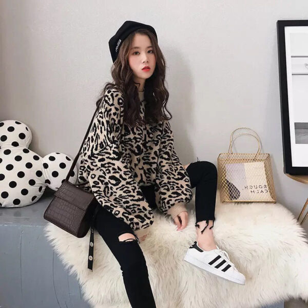 Autumn And Winter New Leopard Print Sweater Women'S Korean Version Loose Lazy Wind Pullover Internet Celebrity Small Fresh Knitted Sweater Tide - Image 7