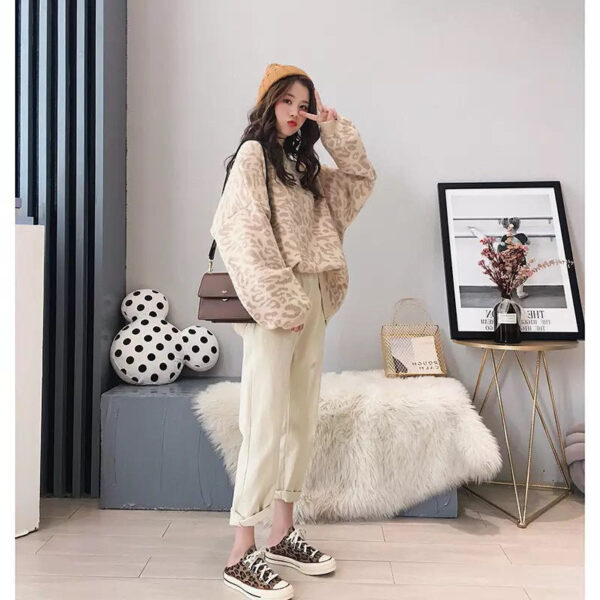 Autumn And Winter New Leopard Print Sweater Women'S Korean Version Loose Lazy Wind Pullover Internet Celebrity Small Fresh Knitted Sweater Tide - Image 3
