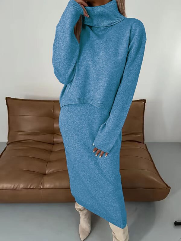 New Sweater Dress Autumn And Winter Turtleneck Long Dress Two-Piece Set Solid Color Knitted Dress - Image 10