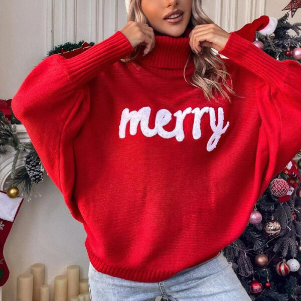 Christmas Turtleneck Sweater Women'S Clothing Amazon Autumn And Winter Loose Bat Sleeves Outer Wear Knitted Top Women - Image 4