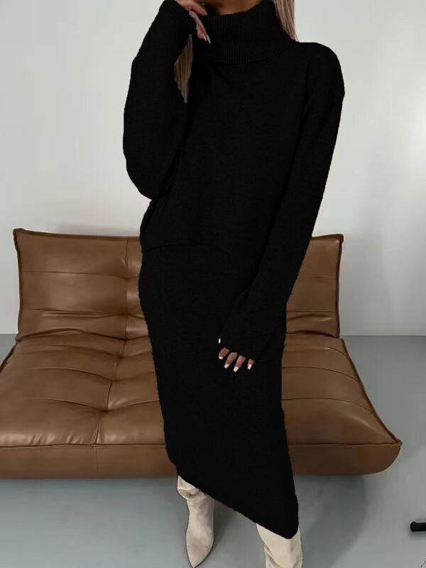 New Sweater Dress Autumn And Winter Turtleneck Long Dress Two-Piece Set Solid Color Knitted Dress - Image 9