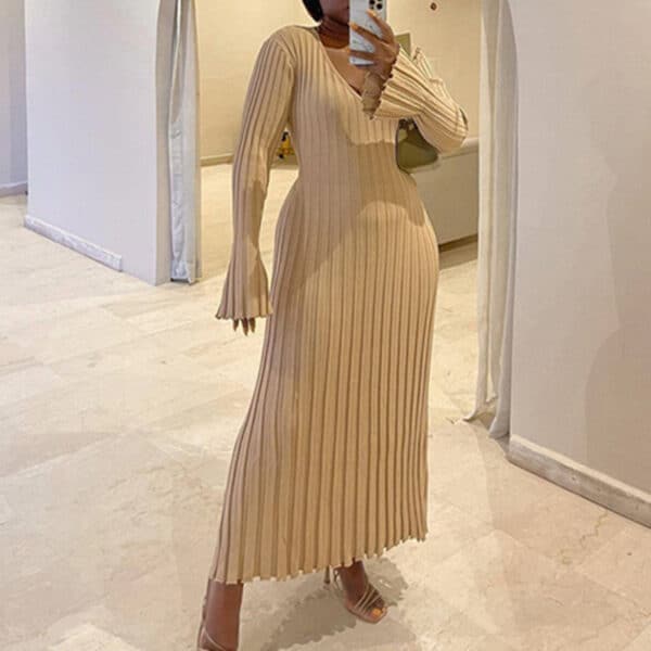 Autumn And Winter New Knitted Dress Casual Waist V-Neck Large Pit Strip Thin Knitted Dress Women