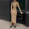 Autumn and Winter New Knitted Dress Casual Waist V-neck Large Pit Strip Thin Knitted Dress Women - 95513 #apricot Crew Neck, S