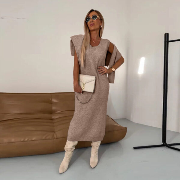 New Sweater Dress Autumn And Winter Turtleneck Long Dress Two-Piece Set Solid Color Knitted Dress - Image 8