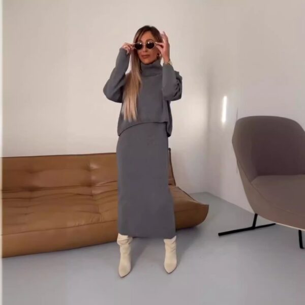 New Sweater Dress Autumn And Winter Turtleneck Long Dress Two-Piece Set Solid Color Knitted Dress - Image 3
