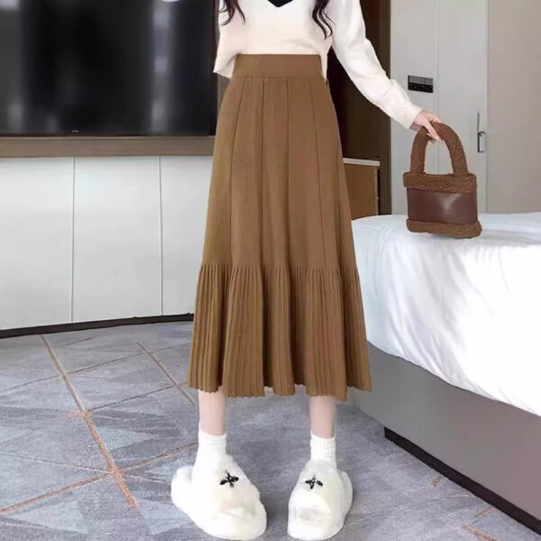 Pleated Knitted Skirt Women'S Autumn And Winter New Fashion High Waist Korean Version Casual And Thin Big Swing Skirt A-Shaped Skirt Umbrella Skirt - Image 2