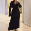 Autumn and Winter New Knitted Dress Casual Waist V-neck Large Pit Strip Thin Knitted Dress Women - 9837 #black V-neck, L