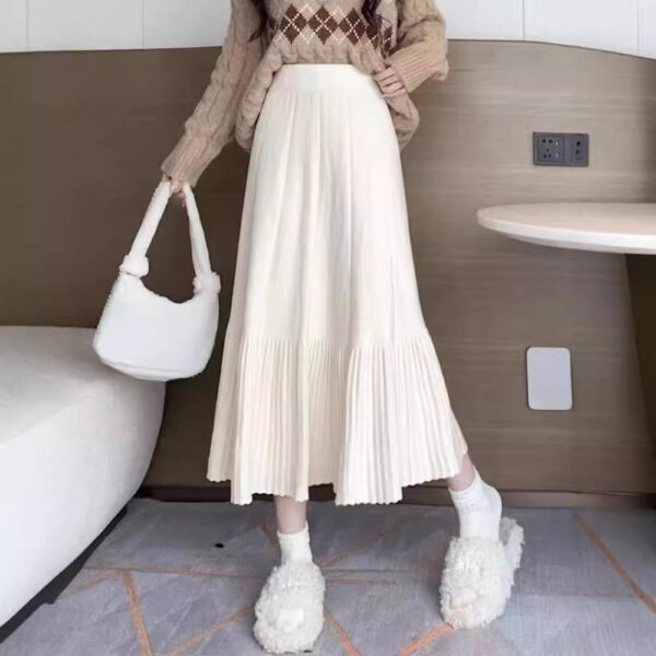 Pleated Knitted Skirt Women'S Autumn And Winter New Fashion High Waist Korean Version Casual And Thin Big Swing Skirt A-Shaped Skirt Umbrella Skirt - Image 3