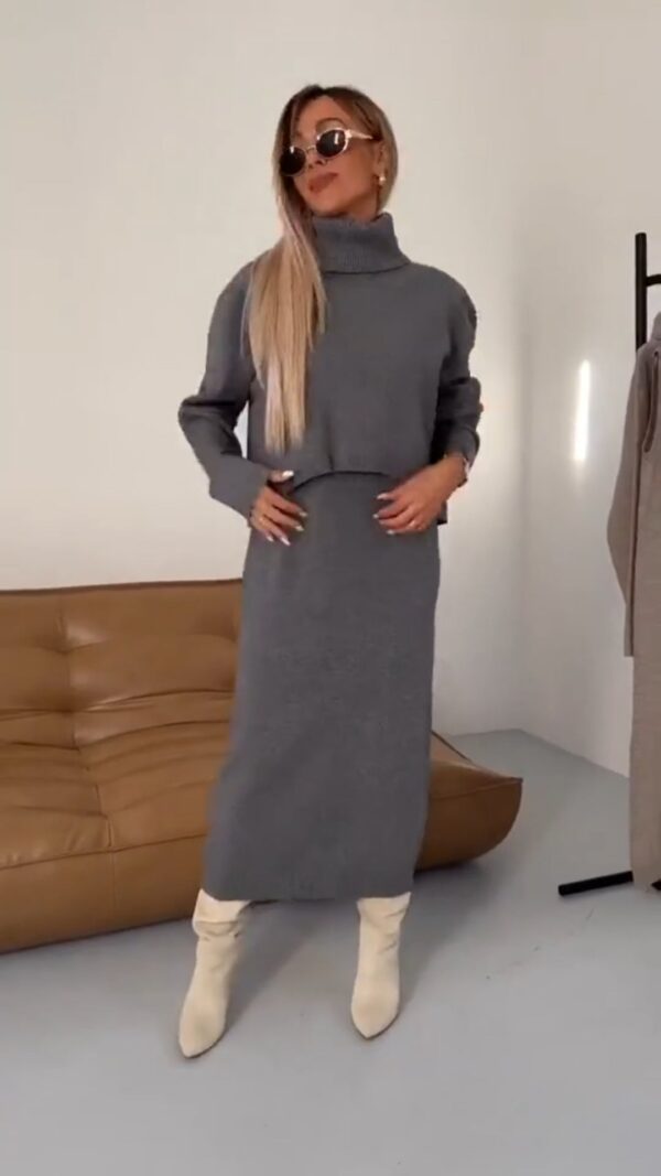 New Sweater Dress Autumn And Winter Turtleneck Long Dress Two-Piece Set Solid Color Knitted Dress - Image 6