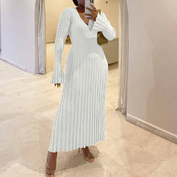 Autumn And Winter New Knitted Dress Casual Waist V-Neck Large Pit Strip Thin Knitted Dress Women - Image 2