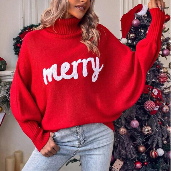 Christmas Turtleneck Sweater Women'S Clothing Amazon Autumn And Winter Loose Bat Sleeves Outer Wear Knitted Top Women - Image 3
