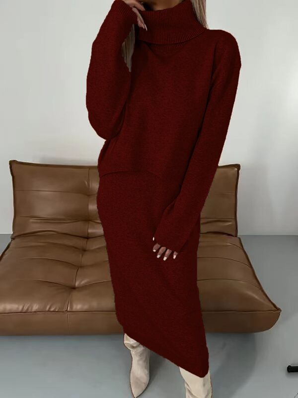 New Sweater Dress Autumn And Winter Turtleneck Long Dress Two-Piece Set Solid Color Knitted Dress - Image 11