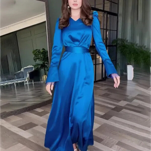 Stylish V-Neck Belted Long Sleeve Dress | Solid Color Split-End Design | Slim Fit - Image 3