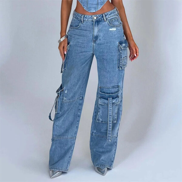 Women'S Autumn New Low-Rise 3D Pocket Splicing Jeans: Loose Fit, Pendant Detail, Thin Trousers - Image 4