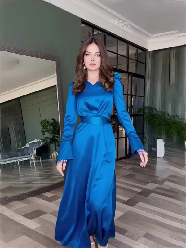 Stylish V-Neck Belted Long Sleeve Dress | Solid Color Split-End Design | Slim Fit - Image 7