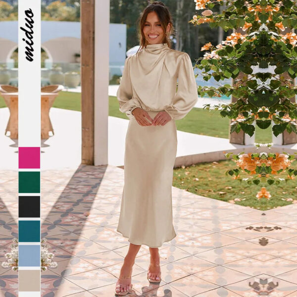 Autumn New High-End Satin Long-Sleeved Loose Dress Temperament Elegant Women'S Evening Dress