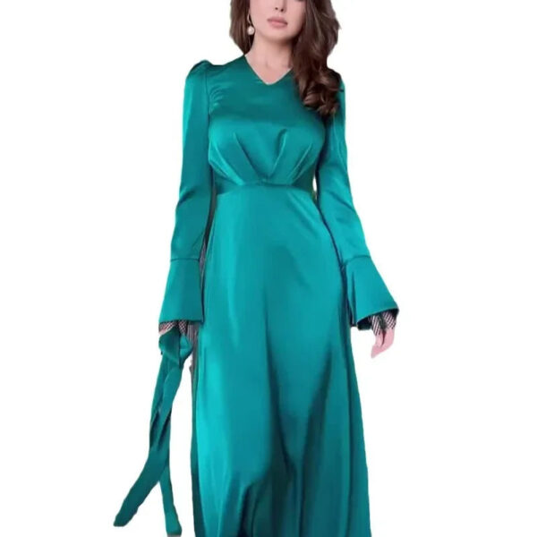 Stylish V-Neck Belted Long Sleeve Dress | Solid Color Split-End Design | Slim Fit - Image 4