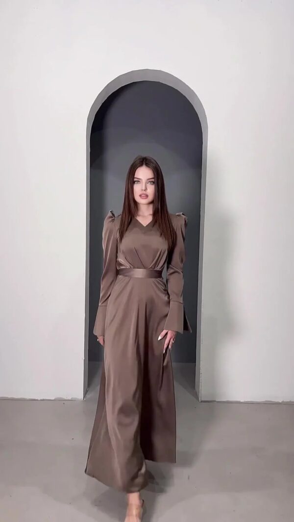 Stylish V-Neck Belted Long Sleeve Dress | Solid Color Split-End Design | Slim Fit - Image 8