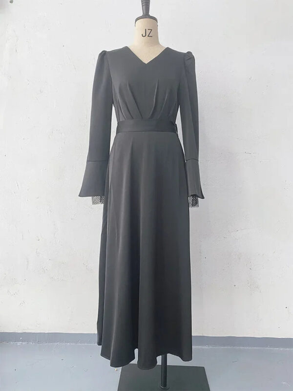 Stylish V-Neck Belted Long Sleeve Dress | Solid Color Split-End Design | Slim Fit - Image 5
