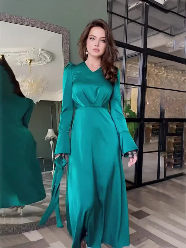 Stylish V-Neck Belted Long Sleeve Dress | Solid Color Split-End Design | Slim Fit - Image 6