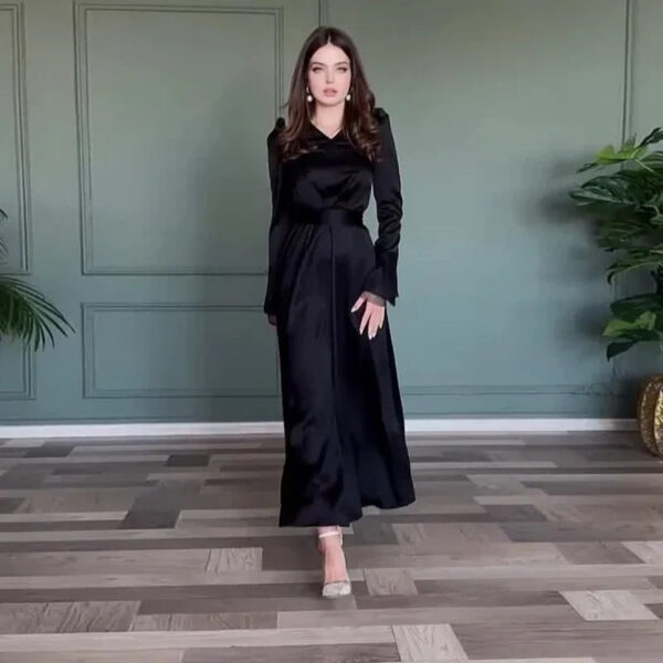 Stylish V-Neck Belted Long Sleeve Dress | Solid Color Split-End Design | Slim Fit - Image 2