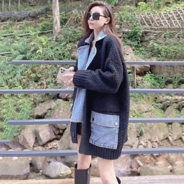 Autumn New Lazy Style Fake Two Pieces Design Loose Knitted Sweater Jacket Cardigan - Image 8
