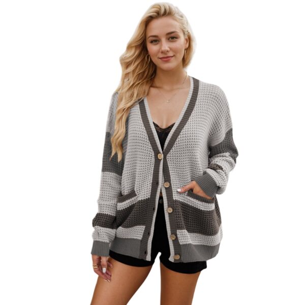 Autumn And Winter Hot Sale Knitted Jacket V-Neck Large Size Pocket Color Matching Cardigan Sweater Women - Image 2