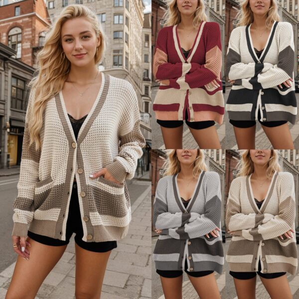 Autumn And Winter Hot Sale Knitted Jacket V-Neck Large Size Pocket Color Matching Cardigan Sweater Women