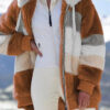 Autumn and Winter Warm Plush Patchwork Zipper Pocket Hooded Loose Coat Women - Caramel Color, S