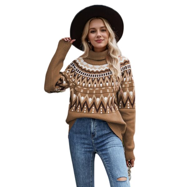 Winter New Women'S Clothing Retro Striped Splicing Contrasting Sweater High Neck Loose Knitted Sweater - Image 5