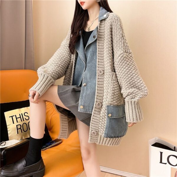 Autumn New Lazy Style Fake Two Pieces Design Loose Knitted Sweater Jacket Cardigan - Image 3