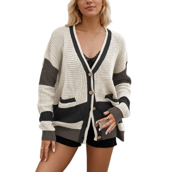 Autumn And Winter Hot Sale Knitted Jacket V-Neck Large Size Pocket Color Matching Cardigan Sweater Women - Image 9