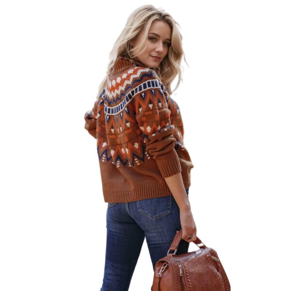 Winter New Women'S Clothing Retro Striped Splicing Contrasting Sweater High Neck Loose Knitted Sweater - Image 4