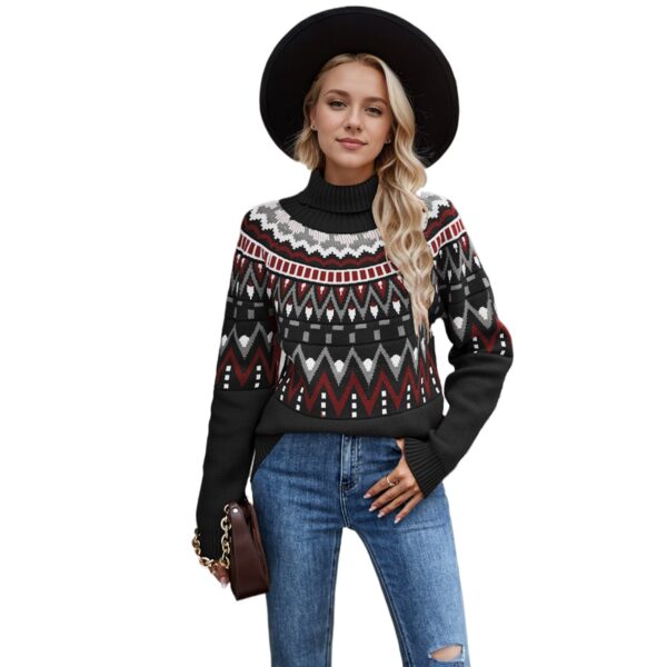 Winter New Women'S Clothing Retro Striped Splicing Contrasting Sweater High Neck Loose Knitted Sweater - Image 3