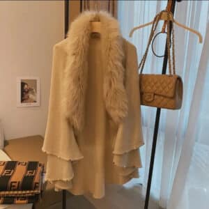 New Imitation Fox Fur Collar Hem Bead Knitted Shawl Cape Large Size Cardigan Loose Coat Women
