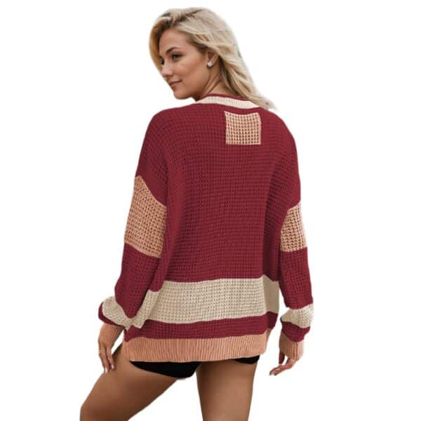 Autumn And Winter Hot Sale Knitted Jacket V-Neck Large Size Pocket Color Matching Cardigan Sweater Women - Image 3