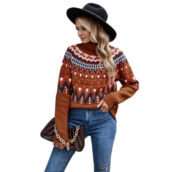 Winter New Women'S Clothing Retro Striped Splicing Contrasting Sweater High Neck Loose Knitted Sweater - Image 2