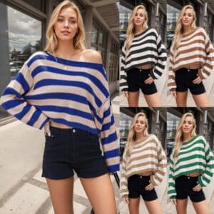 Women's Pullover Sweater Striped Loose Short Knitted Sweater New