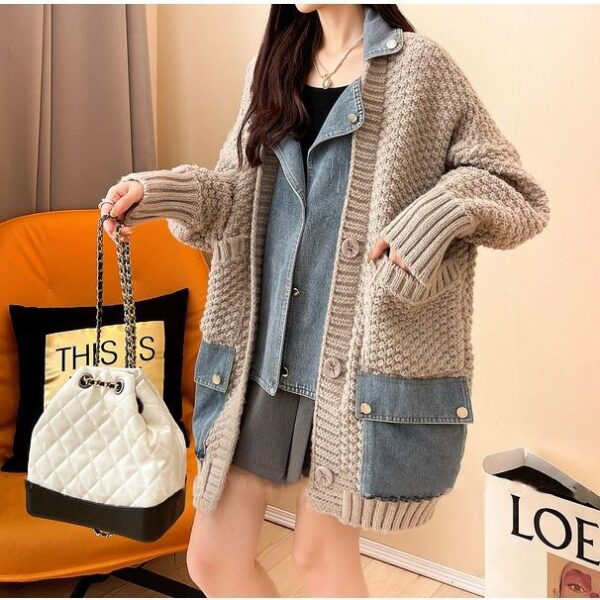 Autumn New Lazy Style Fake Two Pieces Design Loose Knitted Sweater Jacket Cardigan - Image 2
