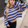 Women's Pullover Sweater Striped Loose Short Knitted Sweater New - Blue, XL