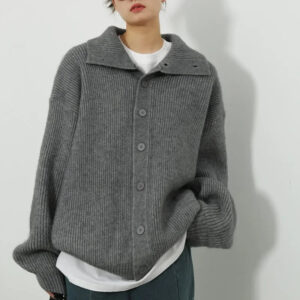 Women's Grey Turtleneck Sweater Women's Autumn and Winter New Loose Lazy Wind Lapel Knitted Cardigan Top Jacket