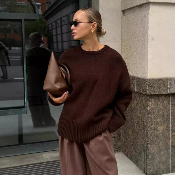 Crew Neck Sweater 2024 Autumn And Winter New Solid Color Versatile Casual Lazy Pullover Knitted Crew Neck Sweater - Image 2