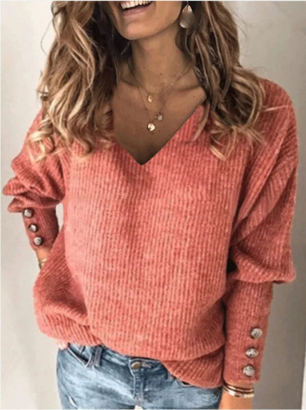 Autumn And Winter New Fashion Women'S Clothing Amazon Popular Solid Color Versatile Knitted V-Neck Loose Long-Sleeved T-Shirt - Image 12