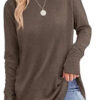 Women's Round Neck Solid Color Finger Long-sleeved Top Loose Medium and Long Bottoming Shirt - COFFEE, XXL