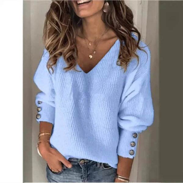 Autumn And Winter New Fashion Women'S Clothing Amazon Popular Solid Color Versatile Knitted V-Neck Loose Long-Sleeved T-Shirt - Image 2