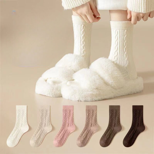 5Prs-White Cashmere Women'S Twist Thickened Retro Medium Tube Socks Postpartum Confinement Socks - Image 5