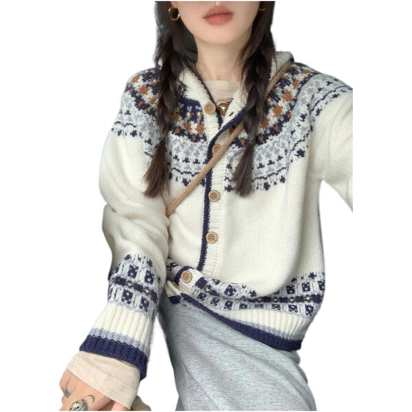 Vintage Fair Island Jacquard Knitted Cardigan Women'S Autumn And Winter New Soft Waxy Sweater Jacket
